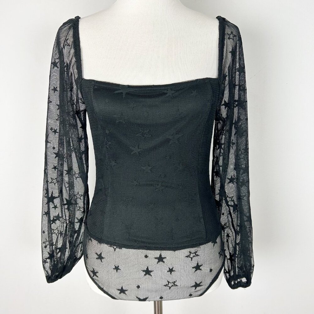 Women's Bodysuit Top Black Mesh Star Print Sheer Boho Whimsigoth Size Small